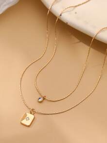 2pcs Women's Gold-Tone Cubic Zirconia Square Pendant Necklace, Fashionable Everyday Accessory, Gift - Yellow Gold - View 4