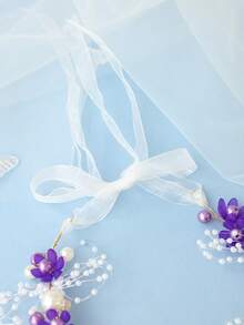 3pcs Women Elegant Pearl Flower Headband, Earrings & Bracelet Set, Green Nature-Inspired Spring Headpiece, Magenta Princess Tulle Dress Accessories, Wedding Bridal Jewelry - Purple - View 6