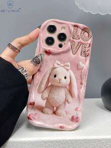 Fashionable Valentine's Day Pink Heart & Cute Rabbit Print Thick Anti-Drop Phone Protective Case, Compatible With Apple & Series - Multicolor - View 6