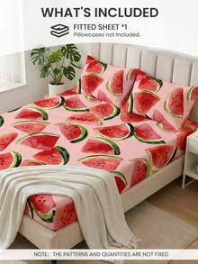 1件西瓜图案舒适透气抗皱床笠，适合多种床型，适用于家庭卧室和学生宿舍，可机洗，不含枕头和枕套，通过Oeko-Tex认证 - 彩色 - 查看 2