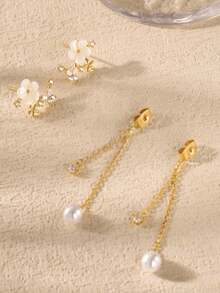 2pcs Stainless Steel Flower Tassel Pearl Zirconia Earrings, Elegant Seashell Flower Dangle Long Tassel Earrings, Lightweight Luxury Niche Elegant Earrings Suitable For Girls And Women - Gold - View 7