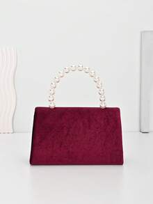 Women's Glitter Pearl Handbag Velvet Clutch Bag Mini Square Purse, Perfect For Party, Wedding, Prom, Banquet, Mother's Day Gift, Valentine's Day Gift - Burgundy - View 6