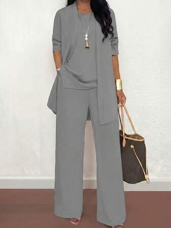 3-Piece Plus Size Women Casual Solid Color Outfit: Jacket/Cardigan + Round Neck Sleeveless Top + Elastic Waist Straight Leg Pants, Soft Stretchy Fabric, Loose Fit, Comfortable For Commuting, Spring/Autumn/Winter