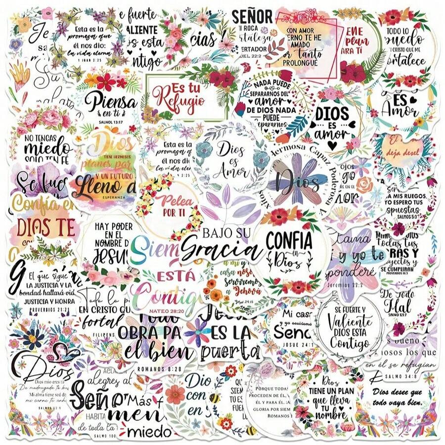 50pcs Latin Christian Religious Quotes Stickers, Back To School Supplies, DIY Scrapbooking, Spanish Bible Verses, Jesus God Aesthetic Stickers, Suitable For Teens & Adults, Gifts & Rewards - Multicolor - View 1