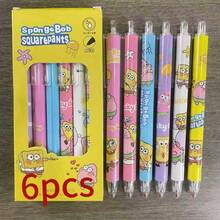 6pcs/Box Cartoon Star Spongebob Push-Button Ballpoint Pens, Cute Patrick Star Design, Colored Pens, Journaling Supplies, Office Accessories, 0.5mm Black Carbon Ink Pens, Suitable For Gifts/Christmas Gifts/Gifts For Men/Christmas Stocking Stuffers