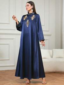 Women's Elegant Festival Long V-Neck Kaftan Robe/Jalabiya With Beaded And Embroidered Decor, Suitable For Home, Banquet, Wedding And Other Important Occasions Spring - Navy Blue - View 4