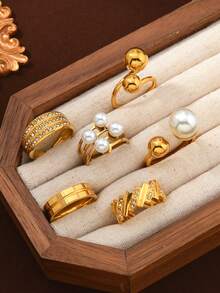 6pcs Elegant Stainless Steel Rings Set For Women, Featuring Faux Pearl & Geometric Elements, Suitable For Daily, Festival, Date, Engagement, Wedding, Gathering Occasions - Gold - View 2