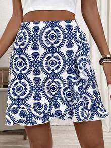 Women's Boho A-Line Skirt With Blue And White Pattern, Polyester Fabric With Ruffle Hem Detail Vacation Summer - Blue and White - View 3
