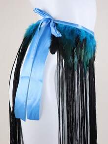 Faux Feather Tassel Waist Skirt | Adjustable Satin Tie Party, Ball, Dance Costume Accessory - A - View 4