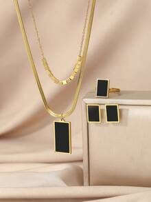 黑色和金色几何极简主义首饰套装 - 多层项链/耳环/戒指，适合时尚休闲装扮 - 金色 - 查看 1