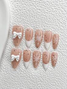 10Pcs Romantic Style Handmade Press On Nail,Polygel Nail Set,Bow Accents And Hand Painted Snowflake Designs,Snowflake,White Nail Polish,Fresh Style,Includes Nail Tools,3 Sizes Available,Almond,Duck,Coffin Nails For Party,Dance,Daily Wear. - 彩色 - 查看 3