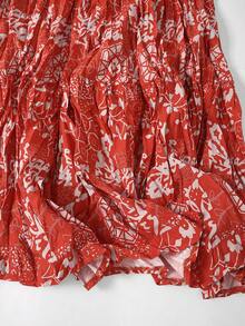 EARO 女士休闲红色印花长裙，无弹力面料，独特图案，松紧腰带，适合度假夏季穿着 - 橘紅色 - 查看 6