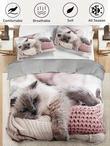 2/3pcs Cat Pattern Digital Printing Polyester Duvet Cover Set, Cute Modern Bedding Set Suitable For All Seasons, Soft & Breathable, Machine Washable, Zipper Closure (1 Duvet Cover + 1/2 Pillowcase, Excluding Filler) - Multicolor - View 2