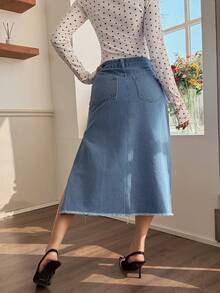 EARO Chic Women's Denim Maxi Dress, Fitted With Slit And Frayed Hem, Elegant Casual Versatile For Summer - Baby Blue - View 2