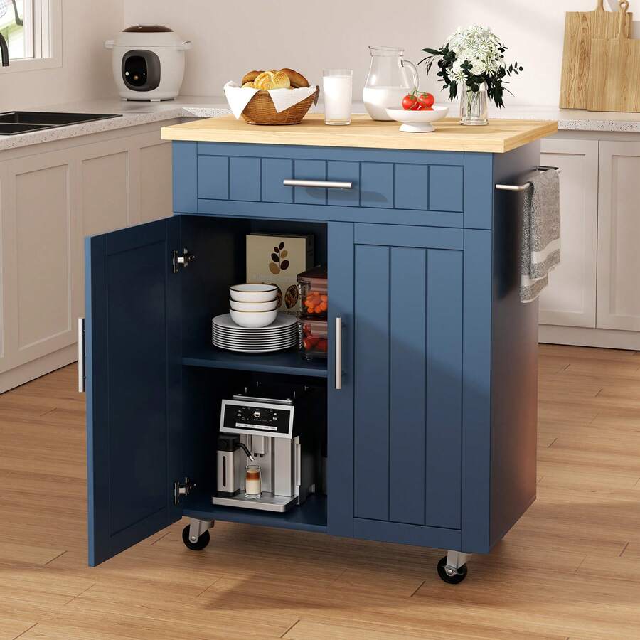 Vongrasig Kitchen Island Cart With Storage,Rolling Kitchen Island Side Table On Wheels With Worktop,Storage Cabinet,Towel Rack And Drawers For Kitchen,Dinning Room - Blue - View 1