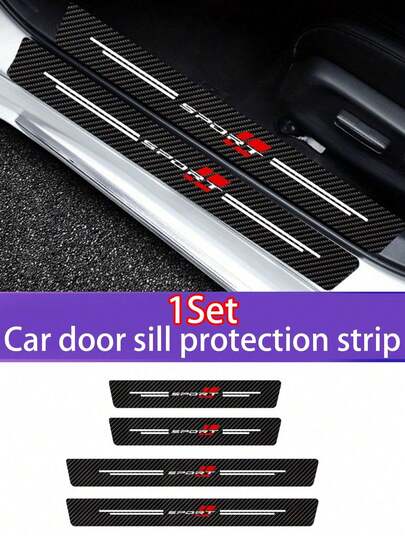 4Pcs Sport Car Sill Guard With Carbon Fiber Texture - Door Entry Step Protector Anti-Scratch & Collision Strip For All Vehicle Models, Waterproof Self-Adhesive