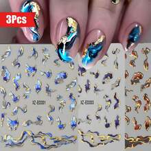 6pcs/3pcs 3D Marble Nail Art Decals Set With Golden Foil Ribbons, Blue And Purple Gradient Marble Effect, Matte Background 3D Self-Adhesive Nail Embellishments, Acrylic Nail Decals For Women's Manicure Supplies - Patterned Stripes, Glitter Finish, Cartoon Theme, Rectangle Shape, Single Use, Unscented - Multicolor - View 8