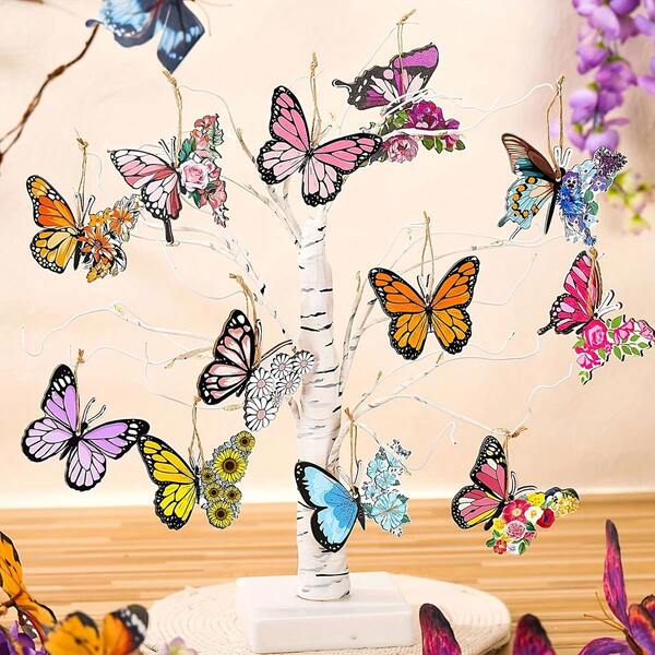 12pcs Vintage Style Artificial Wooden Butterfly Decorations, Party Supplies, Spring/Summer Theme Wooden Hanging Ornaments