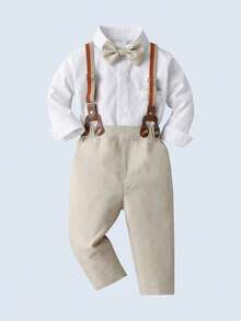 BOARNSEORL 两件套男婴绅士套装，长袖衬衫配领结和背带裤，时尚帅气，适合生日派对、婚礼、周年纪念日等场合。 - 卡其色 - 查看 3