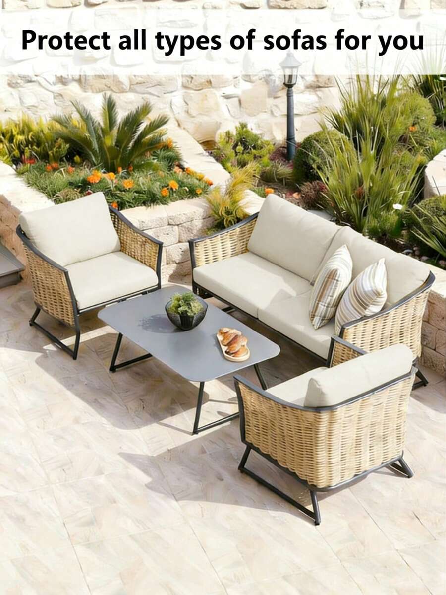 1pc Solid Color Milk Silk Elastic Sofa Seat Cushion Cover, High Stretch Dust-Proof All Season Use For Garden Patio Outdoor Rattan Sofa Seat Cushion Protector