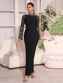 Modphy 新款奢华仿珍珠点缀露肩长袖仿羽毛装饰绷带连衣裙，适合婚礼、派对、晚宴等正式场合，黑色春季款 - 黑色 - 查看 4