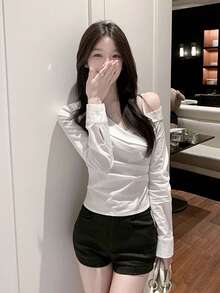 White Elegant Criss-Cross Design Off-Shoulder Long Sleeve Fitted Blouse - White - View 5