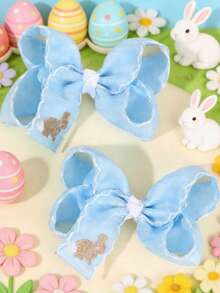 2个可爱复活节兔子发夹，粉色/白色/蓝色，刺绣兔子装饰，缎面荷叶边发夹，鳄鱼夹，节日春季发饰，适合复活节彩蛋寻宝、教堂活动和篮子填充物 - 彩色 - 查看 4