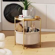 Mesa Auxiliar Moderna con Bandeja Dorada, Estructura Metálica, Almacenamiento Inferior Beige - 1 - Ver 4
