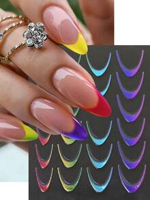 8pcs/Set Laser Gold & Silver French Curve Striped Nail Art Stickers, Minimalist Line Design Elegant Nail Decals DIY - Multicolor - View 6