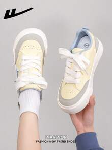 1双 WARRIOR 女士厚底系带软底休闲鞋，夏季低帮户外平底鞋，圆头低跟防滑纯色优雅软底徒步鞋，适合学生毕业照，女士低帮皮质运动鞋 - 黃/灰/淺藍 - 查看 8