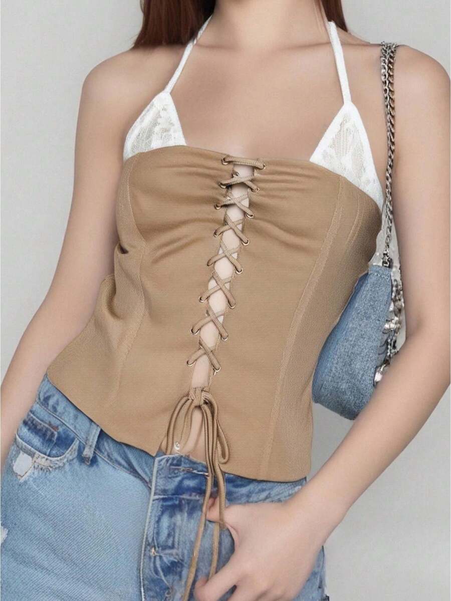Chaleco de verano para mujer, sin mangas, con cuello halter, espalda abierta, cruzado y vendaje - Caqui - Ver 1