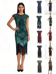 Gaun Midi Pesta Malam Formal Bermotif Geometris Berpayet Gaya Vintage Gatsby - MultiWarna - View 2