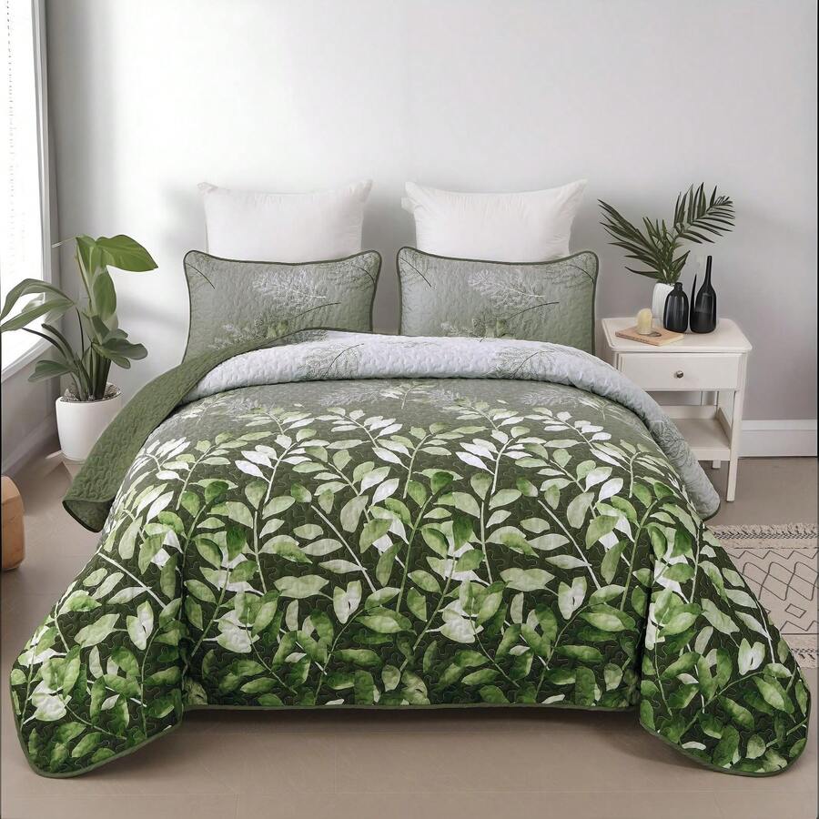 3 Pieces  Olive Green Quilt Set Queen King Size, Botanical Leaves Printed Bedspread Bedding Set, Microfiber Floral Coverlet Bedding Set For Wedding Items, Valentines Day Home Bed Room Decor, Mothers Day Gift, All Season - Màu xanh Ô liu - Xem 1