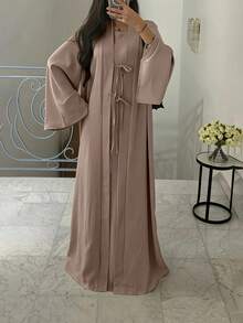 2pcs Set Elegant Abayas, Long Cardigan Jacket & Dress, Graceful Outfit - Rusty Rose - View 1