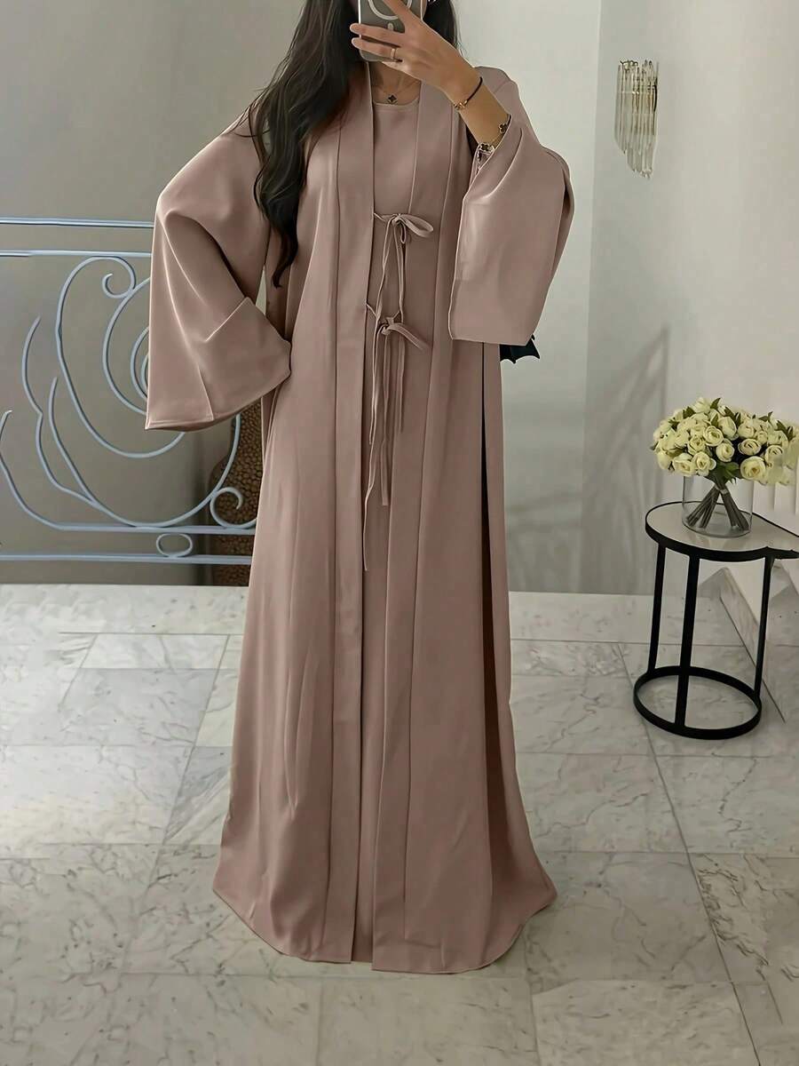 2pcs Set Elegant Abayas, Long Cardigan Jacket & Dress, Graceful Outfit - Rusty Rose - View 1