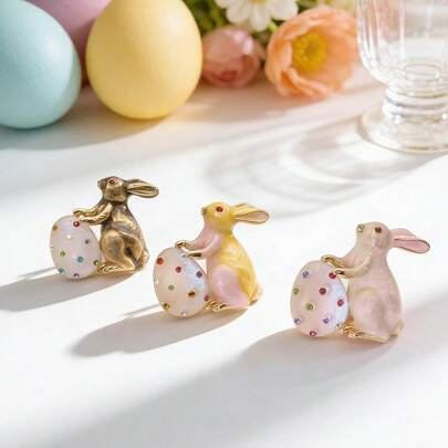 1pc Cute Easter Bunny Holding Egg Brooch, Hand-Painted Enamel Rhinestone Animal Pin Suitable For Women Jacket, Backpack, Lapel, Accessory, Gift, Spring Holiday Decoration