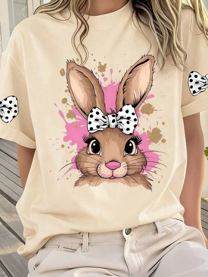 1pc Girls' Cartoon Rabbit Bow Print Round Neck Short Sleeve T-Shirt, Cute Cartoon Theme Loose Summer Style, Soft & Comfortable Top