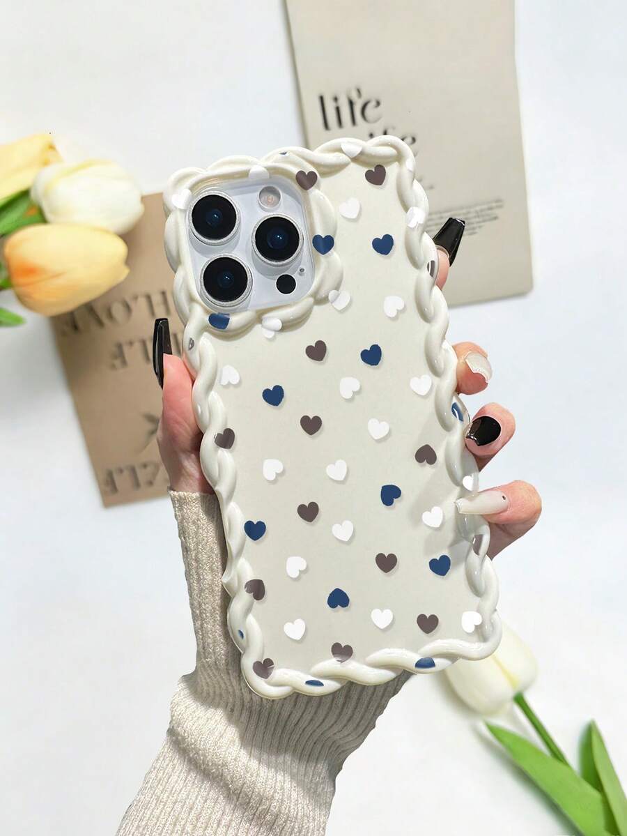 Heart Graphic Braided Wave Edge Minimalist High-End TPU Painted Shockproof Phone Case Compatible With IPhone 17pro/17Air /17/17promax 16/11/16pro/16plus/16promax/16e/15Promax/13/14/12/XS/XR/7G/8PXR /7/8, Painted Compatible With IPhone 15Promax, 13, 14, Soft Silicone Protective Cover Case - Multicolor - View 1