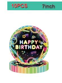 10pcs Glow Party Supplies Set, Including Disposable Paper Plates, Cups, Napkins, Suitable For Birthday, Baby Shower And Other Neon Theme Decorations - Multicolor - View 12