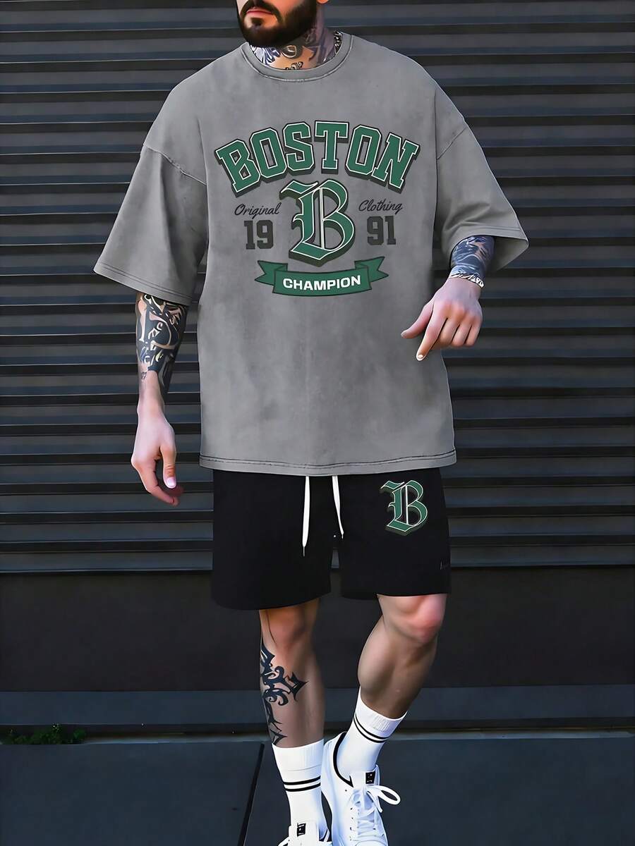 Boston Logo & Champion Vintage Print Pattern100 Percent Cotton Men's Printed Short-Sleeve T-Shirt Set Men's Clothing Men's Shorts Set Men's Shorts Men's Printed T-Shirt.Gras.Graphic T Shirts.Vintage T Shirts.Men 2 Piece Set.Conjunto Para Hombre.Sumwon Men - Grey - View 1