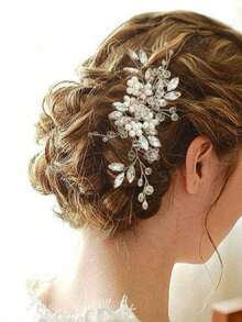 1件装女士水晶珍珠手工发梳，侧梳头饰，适合新娘、婚礼、派对佩戴 - 銀色 - 查看 3