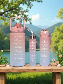3pcs/Set 280ml/750ml/2000ml Plastic Water Bottles, Gradient Color High Capacity Tumblers With Straws - Multicolor - View 17