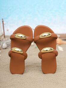 1 Pair Kids Summer Woven Strap Sandals, Casual Fashion Versatile Slides, Button Decor, Unisex Flat Beach Shoes Suitable For Daily, Vacation And Travel - Brown - View 6