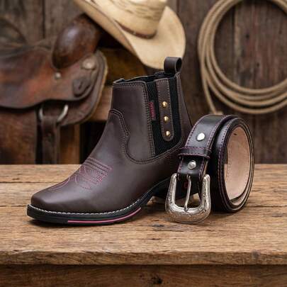 Kit Bota Cinto Texana Cowgirl Cano Curto Bico Quadrado