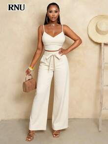 RNU Women's Apricot Elegant Gathered Bra Cup Bowknot Camisole Top, Paired With Elastic Waist Straight Leg Pants, 2-Piece Casual Outfit Suitable For Holiday, Beach, Valentine's Day, Commute, Office, Spring/Summer Wear