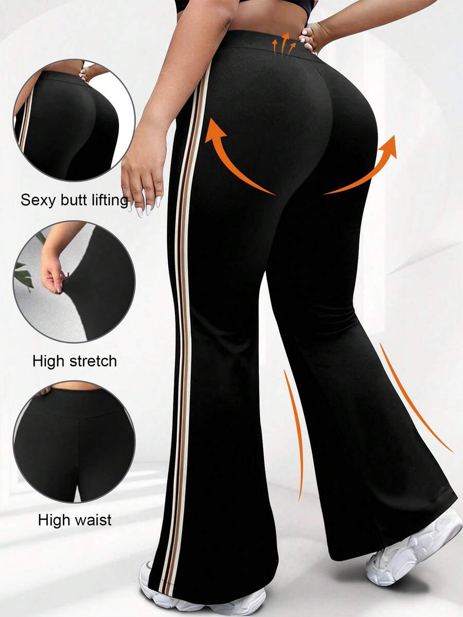 大码喇叭紧身裤，柔软高腰显瘦瑜伽裤，女士高腰喇叭瑜伽裤，弹力工作裤 - 黑色 - 查看 1