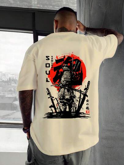加大码男士休闲宽松短袖T恤，创意东京元素武士图案印花，透气圆领 - 日常穿着，短袖，时尚，简约