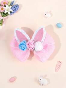 1个粉色兔子耳朵复活节发夹，女孩花朵装饰发夹，闪亮亮片鳄鱼夹，可爱甜美发卡，节日派对礼物，青少年发饰 - 粉色 - 查看 9