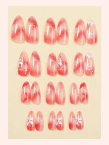 24片中号杏仁形美甲贴片，白色花朵线条艺术装饰，镶钻设计，时尚Y2K中国风，表面光滑，全覆盖，适合女性和女孩日常佩戴，春季适用。 - 彩色 - 查看 2