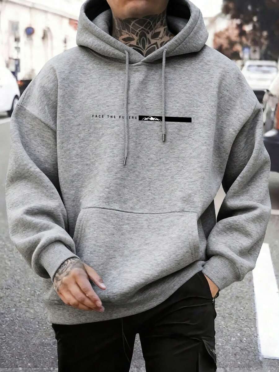 Men's Casual Fashionable Versatile Daily Commute Simple Printed Kangaroo Pocket Drawstring Hoodie, Autumn/Winter - Grey - View 1
